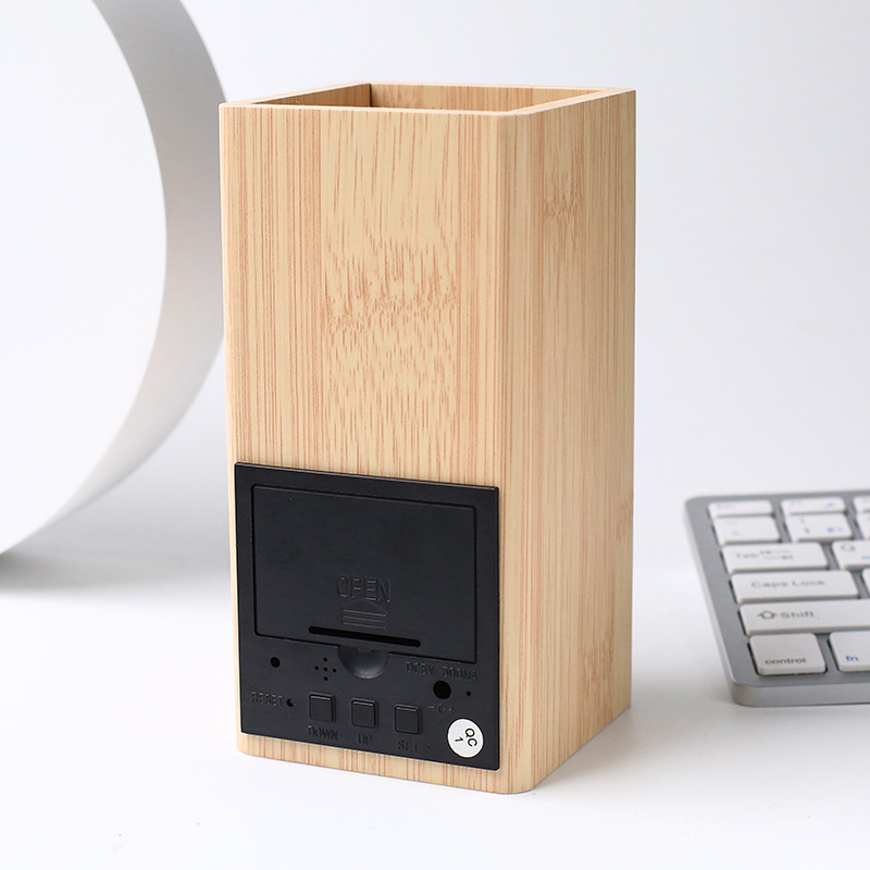 Factory sale office desk storage pen holder wooden clock, desktop silent electronic clock, LED time voice-activated alarm clock