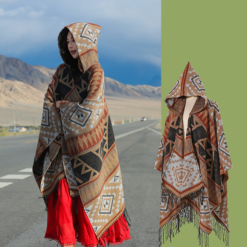 Sichuan Tibet Bohemian Photo Knit Shawl Scenic Area Hooded Scarf Cape Yunnan Cape Shawl Women