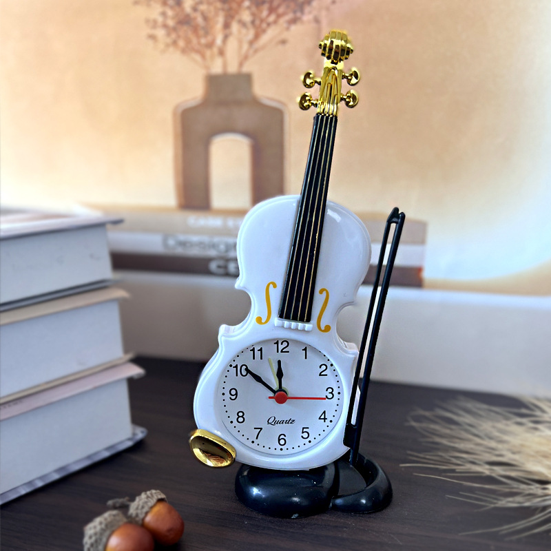 Simulated Violin Alarm Clock Musical Instrument Shape Desktop Clock Living Room Ornament Desk Clock