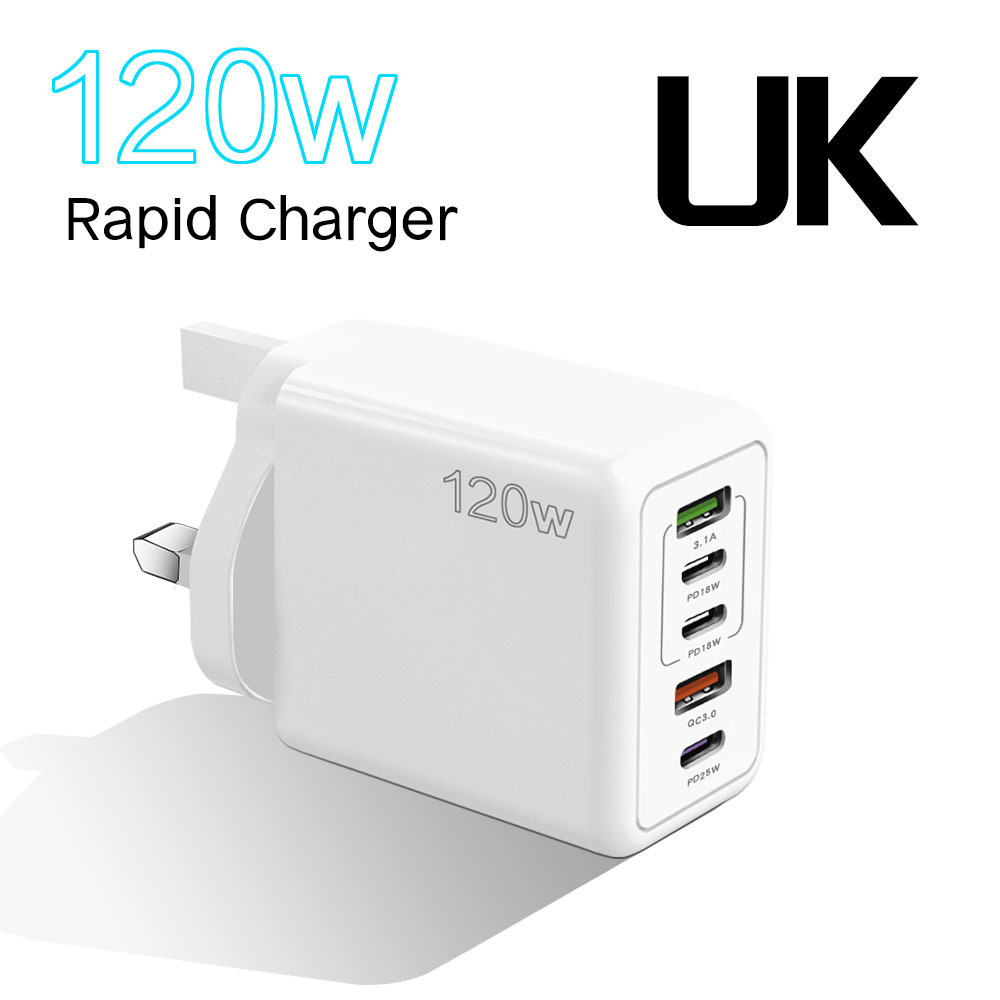 Exclusive 3PD+2USB Phone Charger Multi-Port Fast Charger UK/HK Plug 120W Adapter