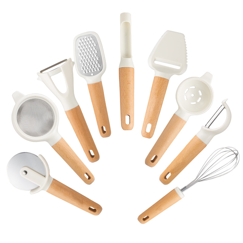 Wooden handle kitchen tool set multifunctional small tool storage rack grater egg beater bottle opener filter single piece