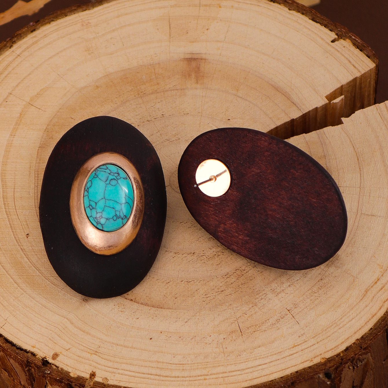 Original Design Wind Accessories Exaggerated Wood Oval Stone Metal Stud Earrings Women
