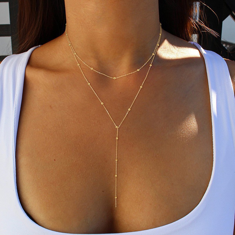 Simple Geometric Tassel Bead Collar Multi-Layer Long Necklace