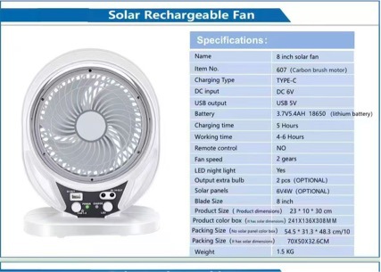 6-inch with Bulb AC DC Charging Long Battery Life Table Fan Strong Wind Silent Camping Outdoor Solar Fan
