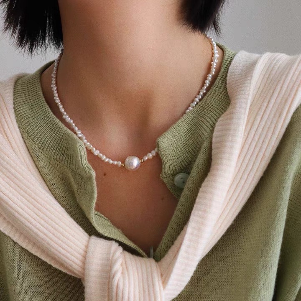 'Wrinkle' minimalist design natural freshwater pearl necklace colorful baroque millet niche锁骨链 for women