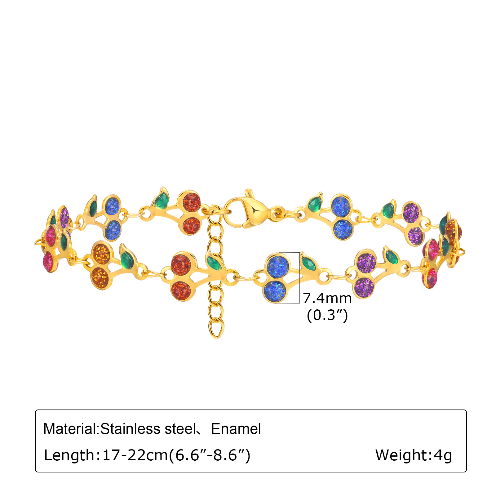 Women's Stainless Steel Drop White Oil Heart Shape Flower Cherry Colorful Bracelet Gold Accessories