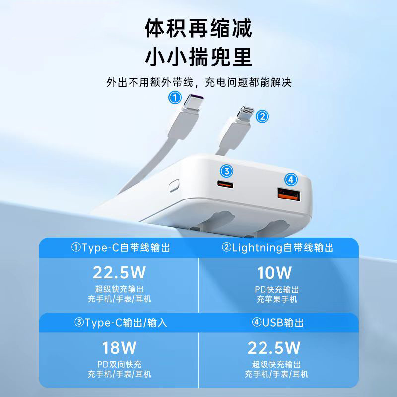 3C certified power bank full protocol 22.5W fast charging large capacity 20000mAh cable fast charging mobile power supply