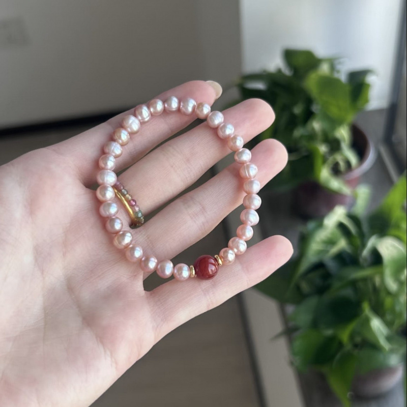 Natural freshwater pearl cinnabar bead bracelet women's purple gold sand whitening layered bracelet