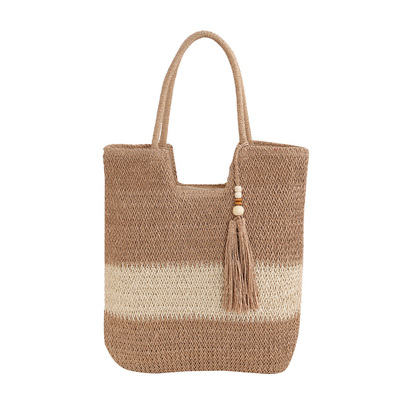 New Chinese style machine-woven contrasting color straw shoulder bag, commuting tote bag, tassel pendant, handmade woven bag
