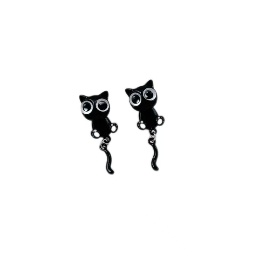 Cute Cartoon Black Cat Stud Earrings Set for Women Silver Needle Cat Tail Cute Student Earrings