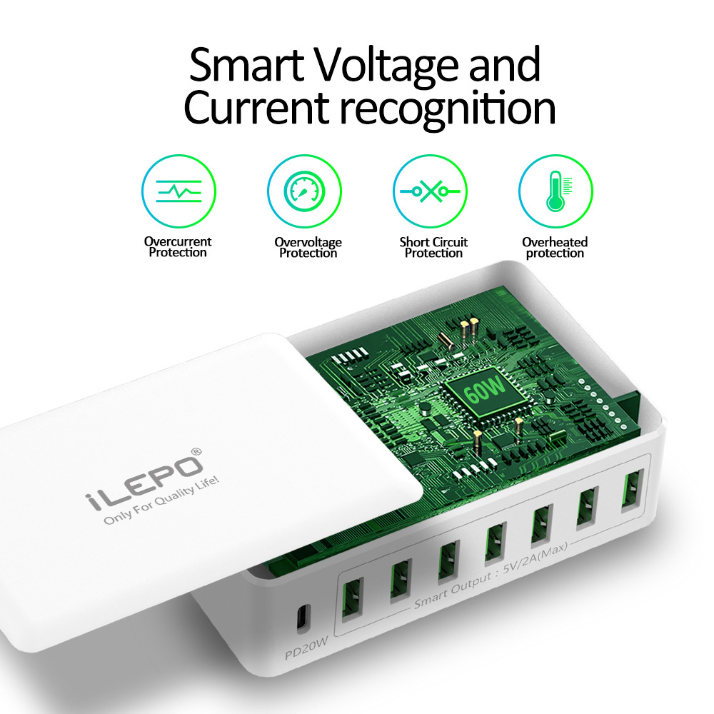 i60-60W Fast Charger Portable Smart Charger USB Multi-Port Desktop Multi-Device Charger