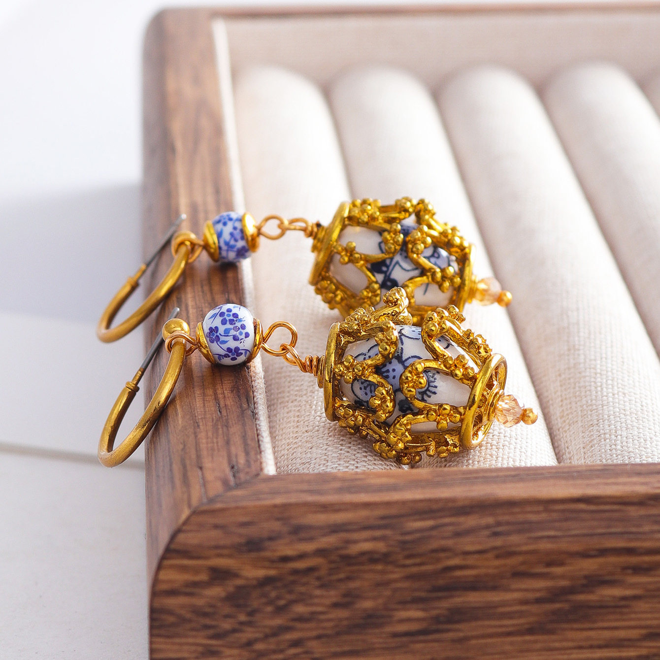 Original Design New Chinese Style Blue and White Porcelain Metal Earrings Women