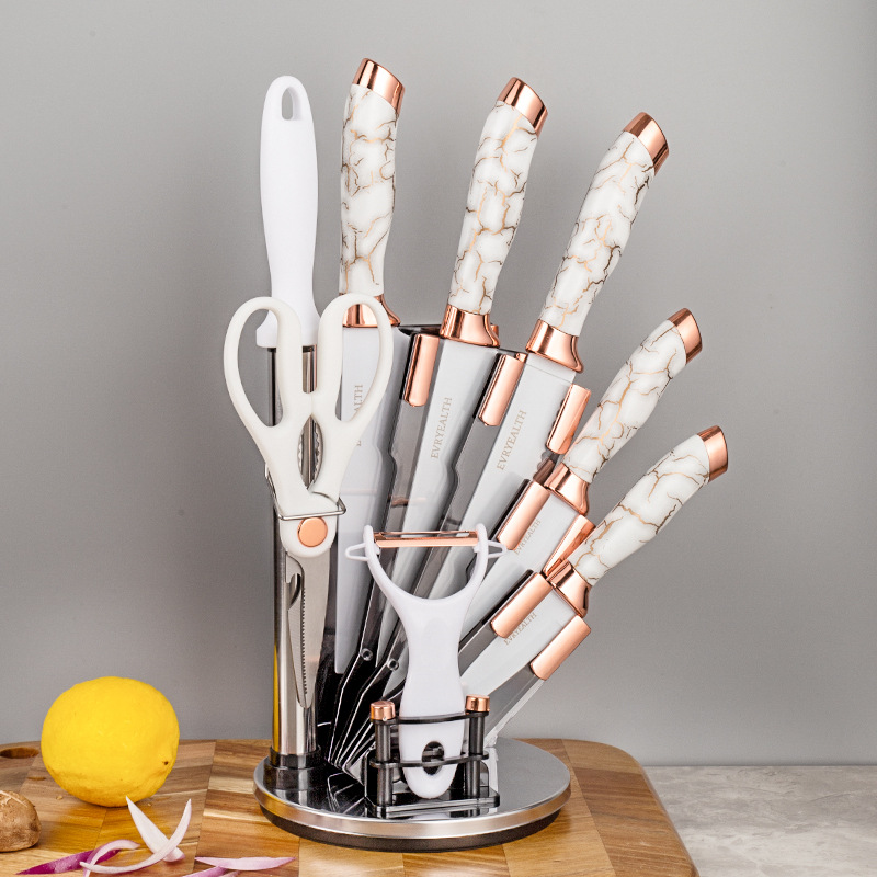Stainless Steel Spray Painted Knife Set Storage Rack Rose Gold Nine-Piece Set Marble Pattern Home Knife Set Combination