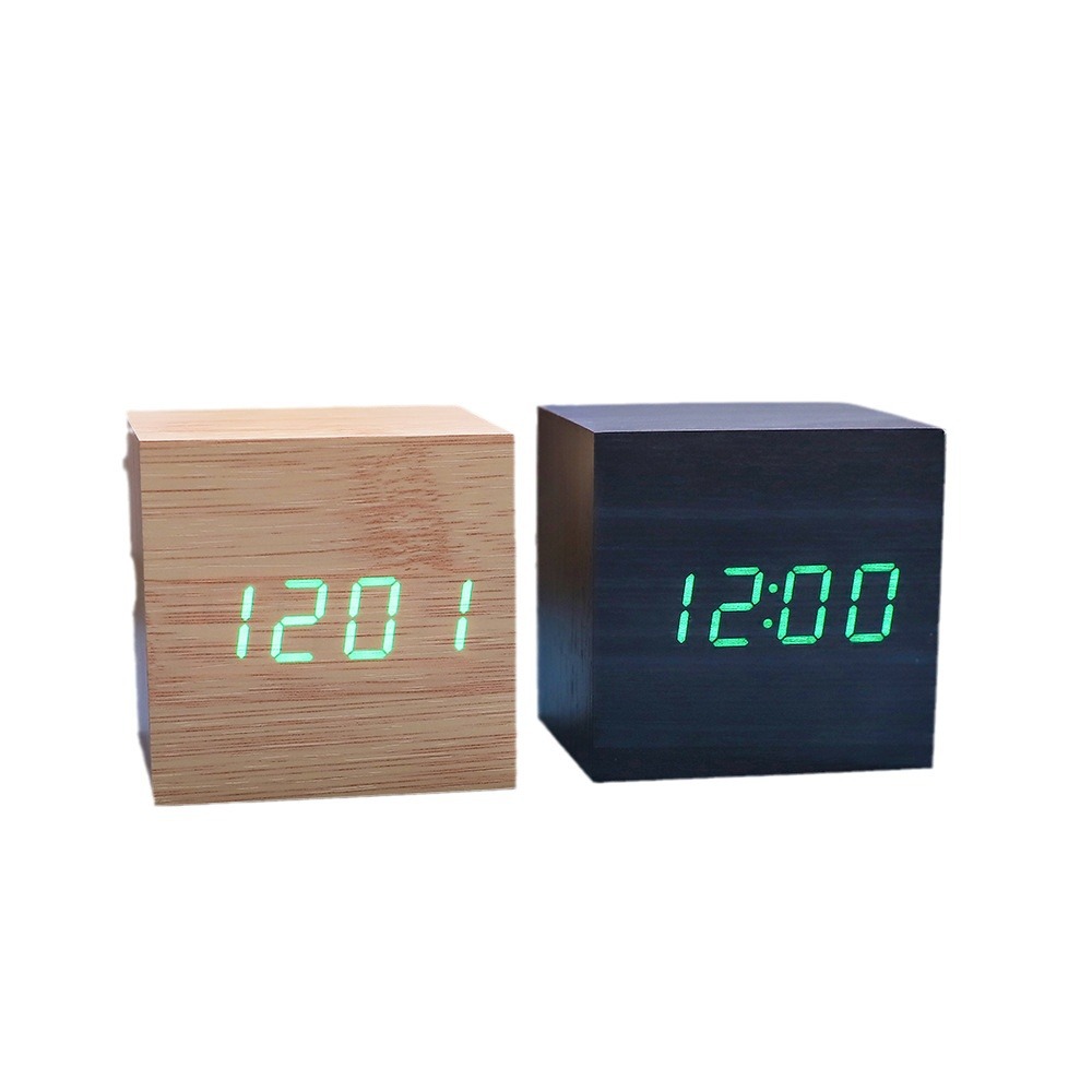 LED smart voice-controlled wooden clock, square compact digital display temperature and humidity electronic alarm clock, multi-color electronic clock