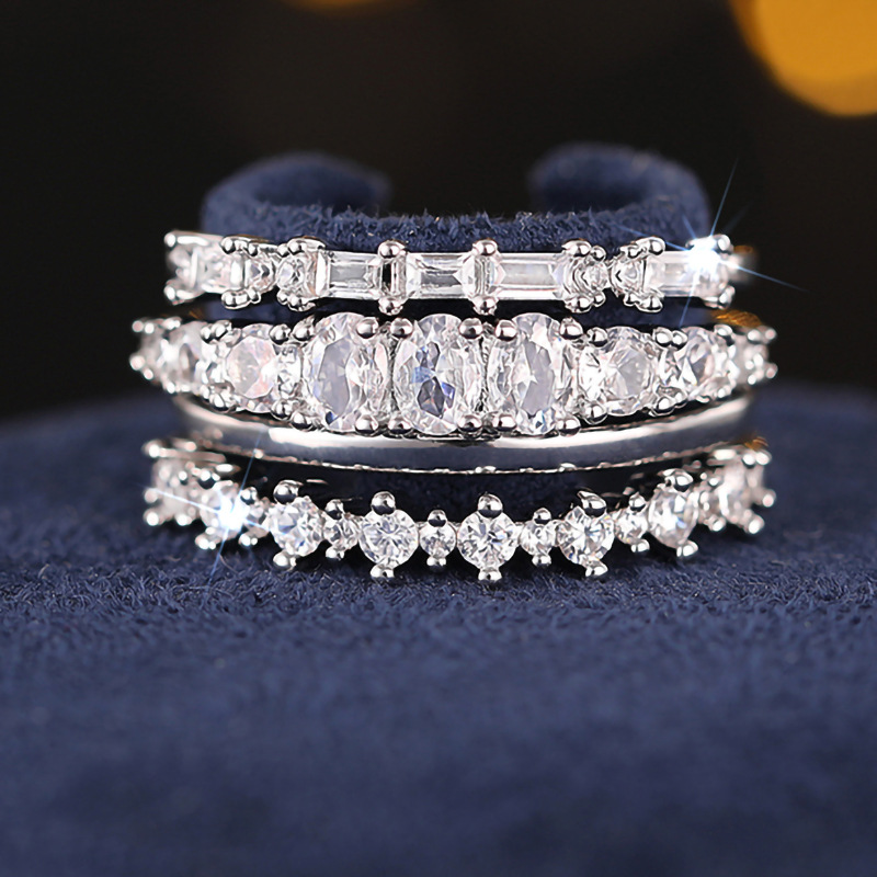 Cao Shi Geometric Ring for Women Shiny Ring Four-Piece Set Engagement Wedding Jewelry