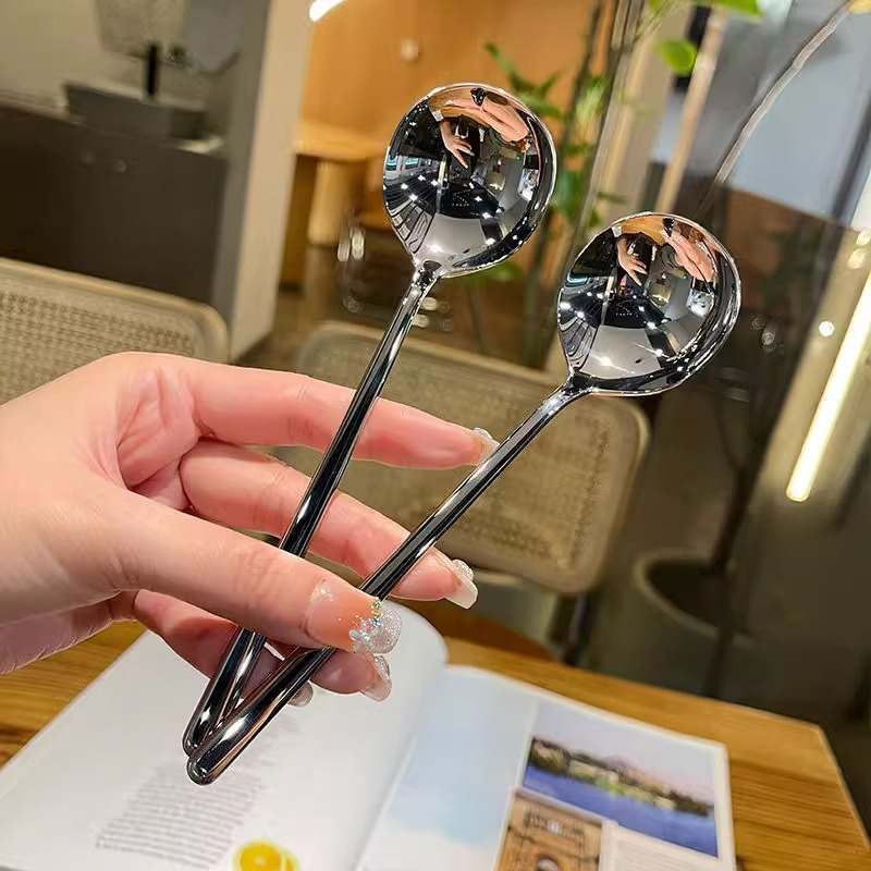 304 Stainless Steel Round Head Spoon Long Handle Ding Dang Spoon Restaurant Household Dessert Stirring Individually Wrapped