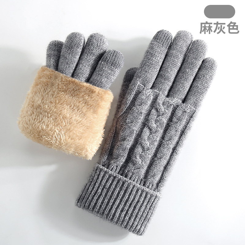 Knitted Gloves Women Winter Double-Layer Fleece-Lined Thick Warm Cold-Proof Outdoor Cycling Touchscreen Gloves