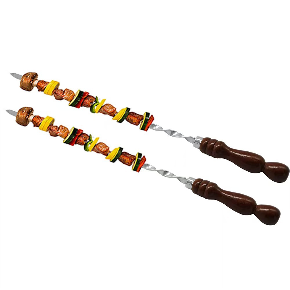Stainless Steel Flat Skewer Wooden Handle BBQ Steel Skewer Russian Thickened BBQ Skewer