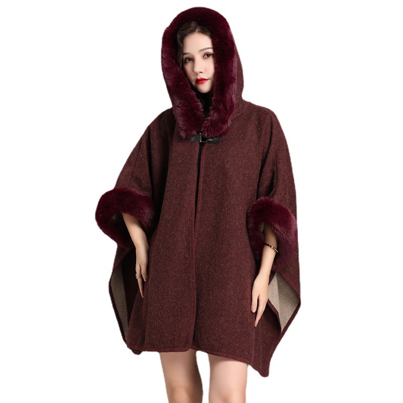 Imitation Rabbit Fur Collar Hooded Large Cape Poncho Women's Knit Cardigan Thick Loose Mid-Length Fur Coat Women