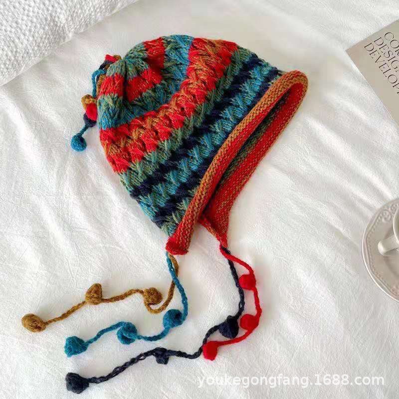 Hat Handwoven Tassel Knit Hat Women Autumn Winter New Warm Ear Protection Large Head Circumference Face Slimming Wrap Hat