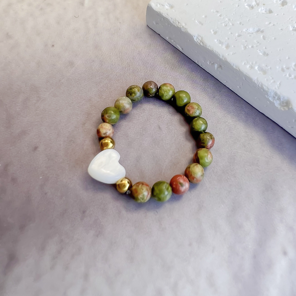 Colorful Natural Stone and Stainless Steel Bead Ring: Heart-Shaped Seashell DIY Craft—Sweet Set of Rings for the Index Finger