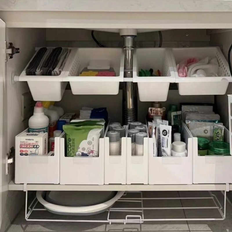 Under kitchen sink shelf, no-drill, adjustable, cabinet storage rack, bathroom corner shelf