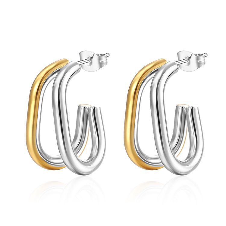 Stainless steel earrings for women, plated 18K two-tone ear clips, multi-layer ear accessories