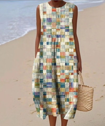 2026 New Sleeveless Printed Dress Beach Vacation Loose Mid Length Round Neck Dress Seaside Vacation Dress