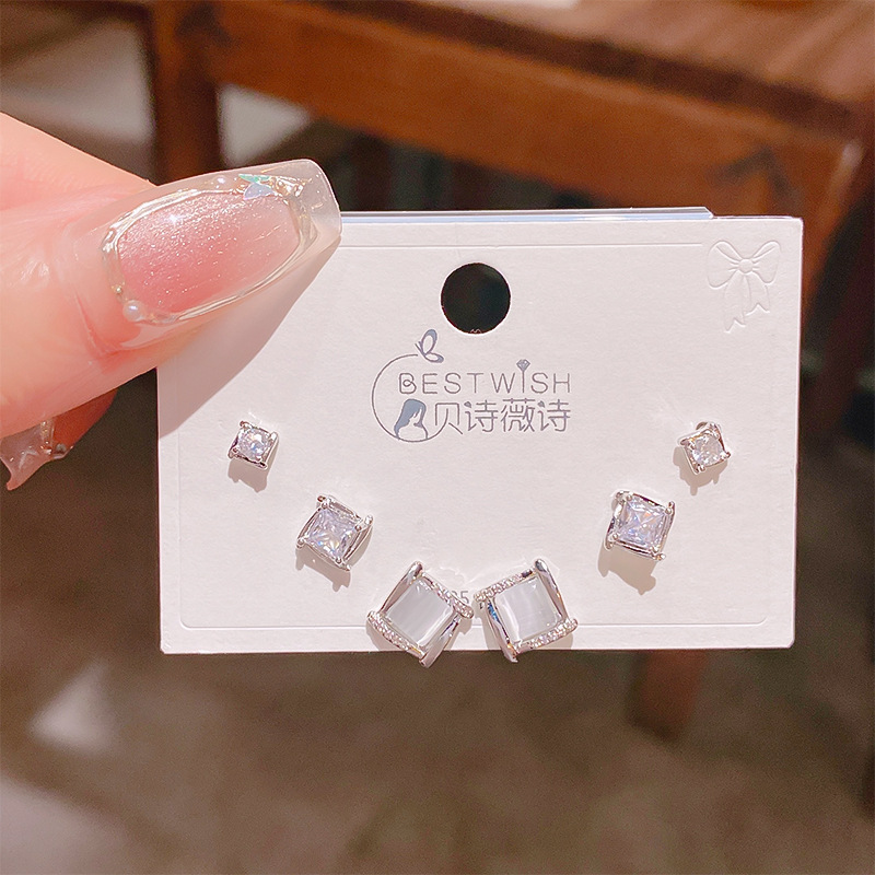 2025 silver needle thick gold electroplated exquisite zircon small earrings 6-piece set three pairs, wind earring accessories