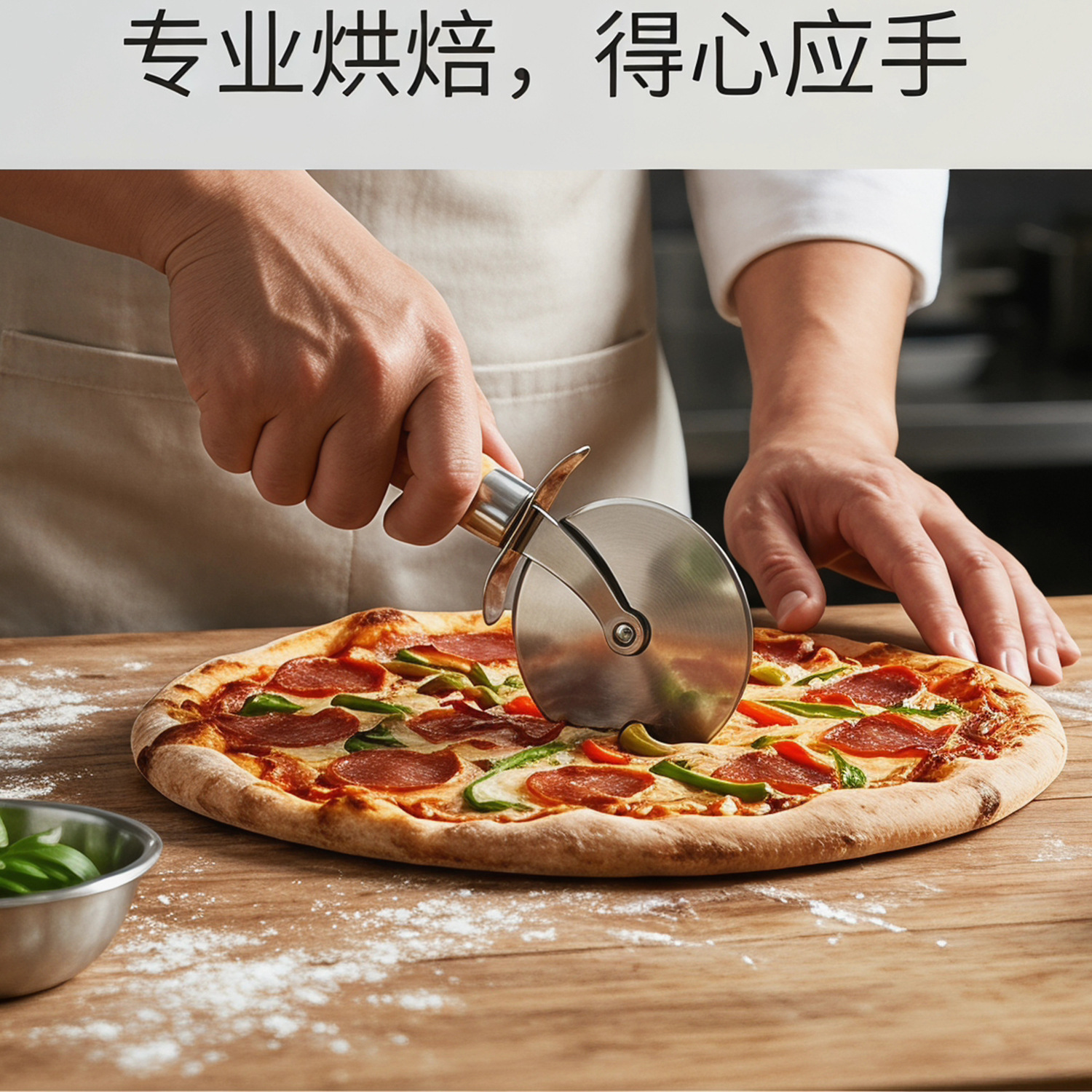 Kitchen gadget wooden handle small kitchenware stainless steel single wheel pastry cutting dough cutter pizza rolling cutter