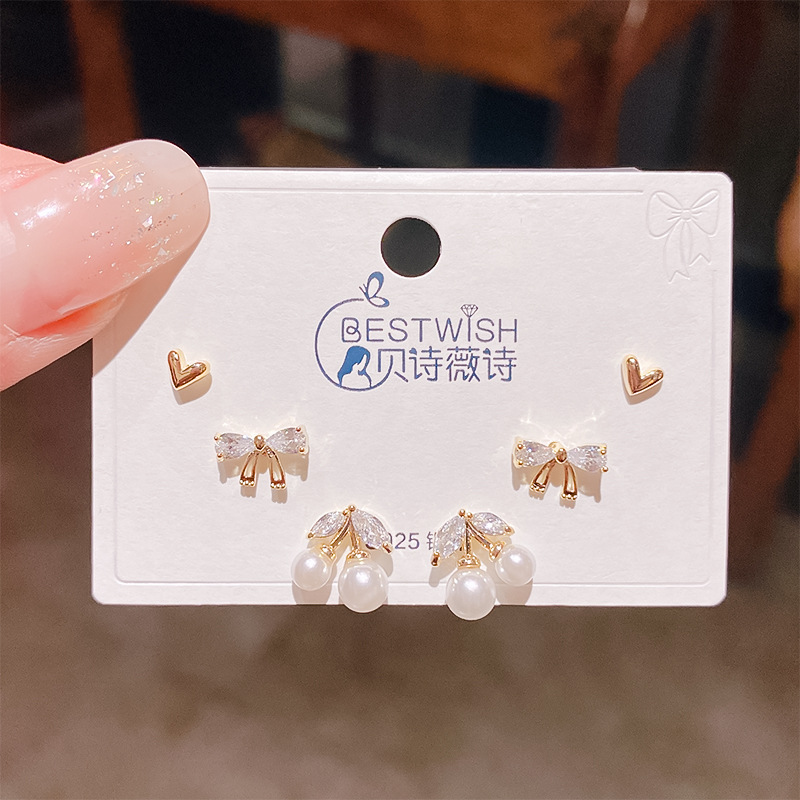 2026 batch #2 copper gold-plated zircon three pairs of small earrings set, silver needle earring accessories