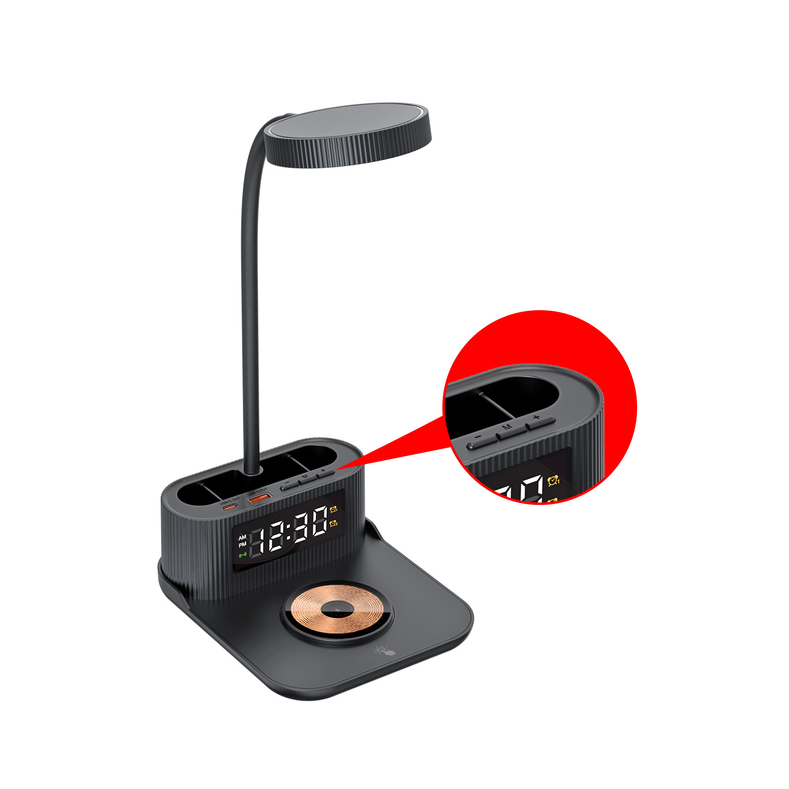 New with Alarm Multifunctional Bedside Lamp Wireless Charger with Clock Pen Holder Desk Lamp 15W Wireless Fast Charging