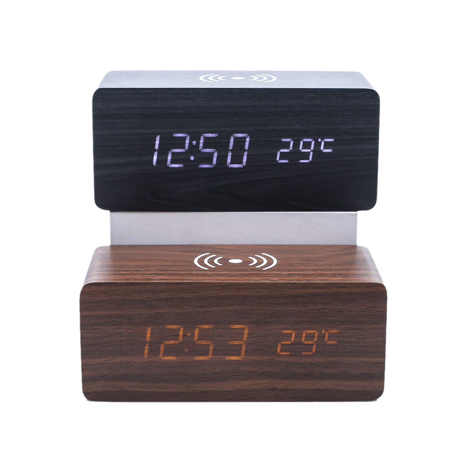 Smart LED wooden clock digital electronic alarm clock, charging clock bedside wireless charging digital wooden clock