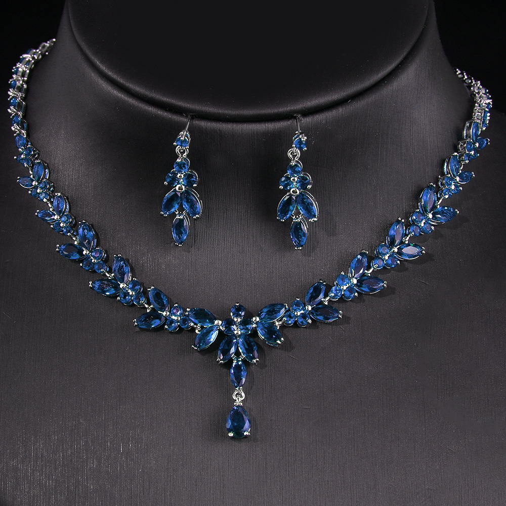 Simple long marquise teardrop zirconia white gold necklace and earrings jewelry set, bridal accessories