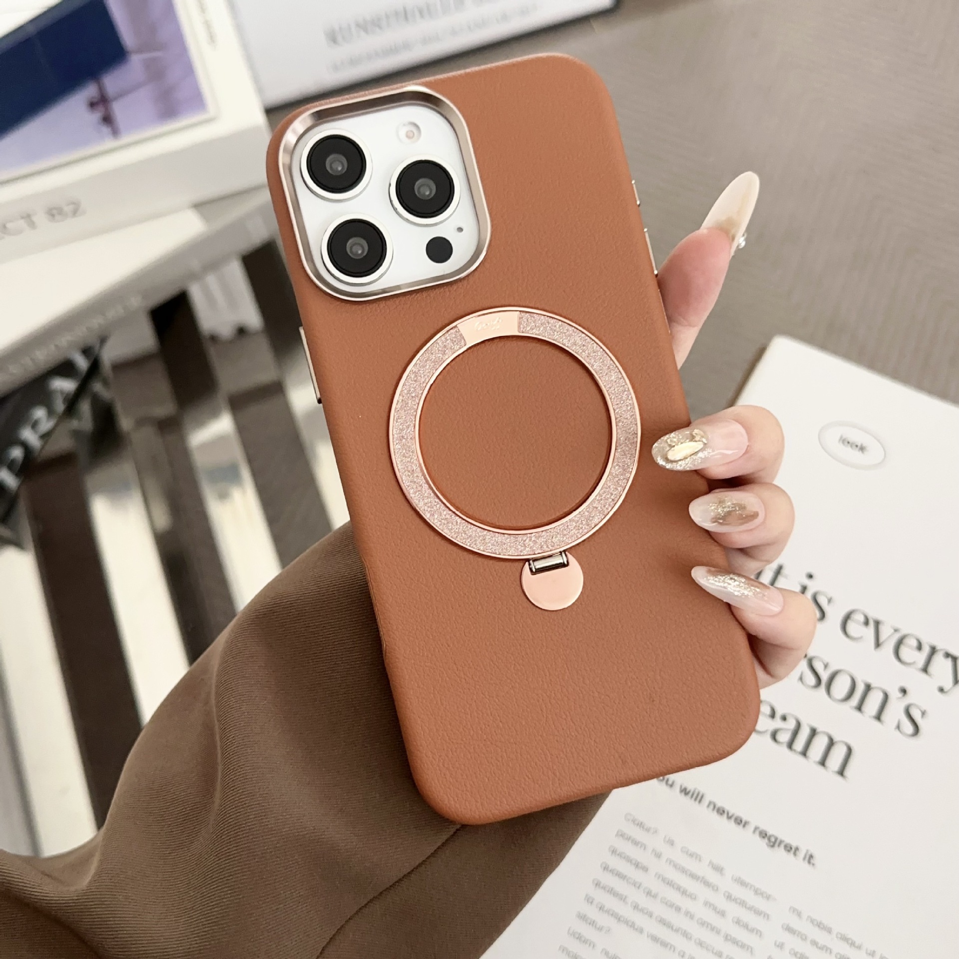For iPhone 17 Pro Max Pivot Case Apple 16 Pro Max Glitter Magnetic Stand Leather Texture Hard Case