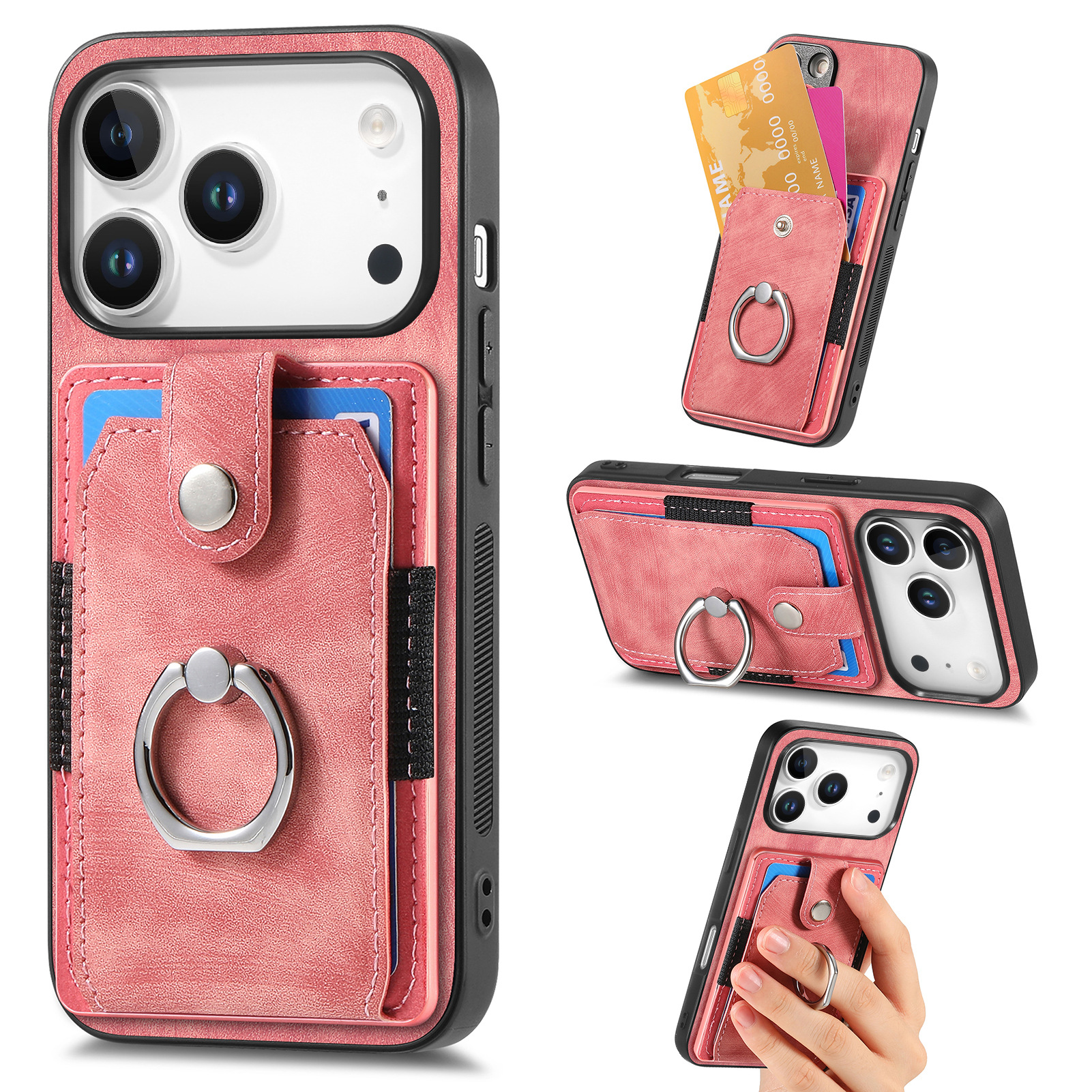 For Apple 18 card holder phone case solid color hardware ring car magnetic iPhone18 protective leather case