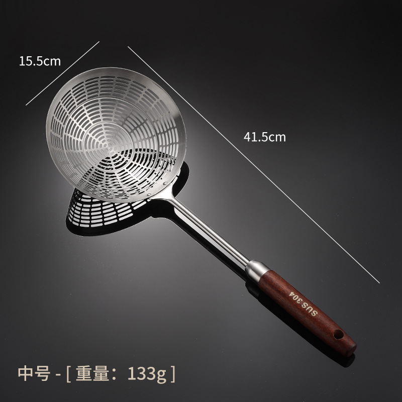 304 stainless steel slotted spoon, thickened, with wooden handle, large size, for hot pot, filter net, kitchen frying, oil draining