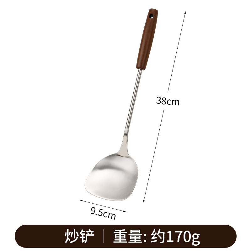 304 stainless steel spatula with wooden handle, kitchen utensil, high temperature resistant spatula, soup spoon, large soup ladle, slotted spoon