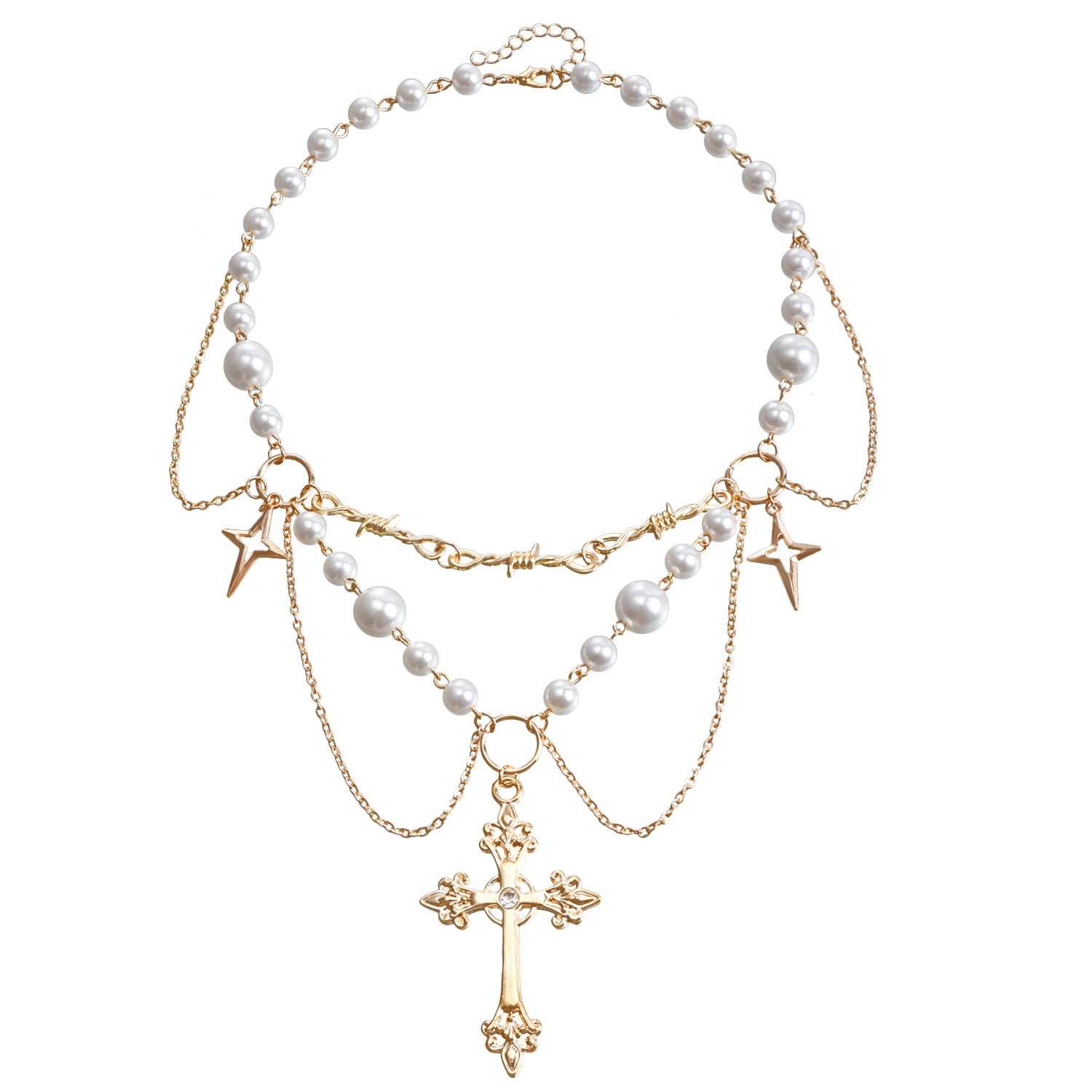 Accessories Double Layer High Gloss Pearl Tassel Cross Star Cross Necklace for Women