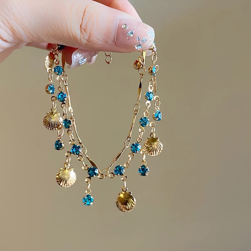 Daughter of the Sea~ Blue Zirconia Gold Shell Necklace Bracelet Design Pendant Jewelry