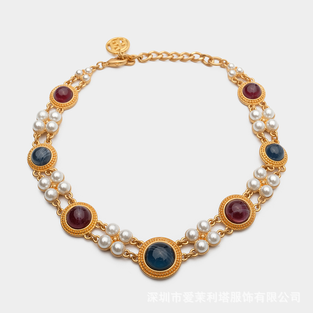 Western Antique Vintage Colored Glass Double Layer Choker Short Necklace