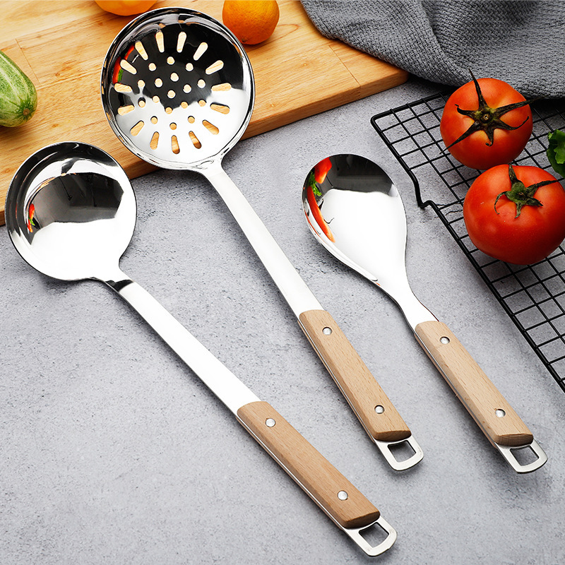 201 non-magnetic stainless steel spatula, soup spoon kitchen set, kitchen cooking household solid wood handle frying spatula, slotted spoon logo