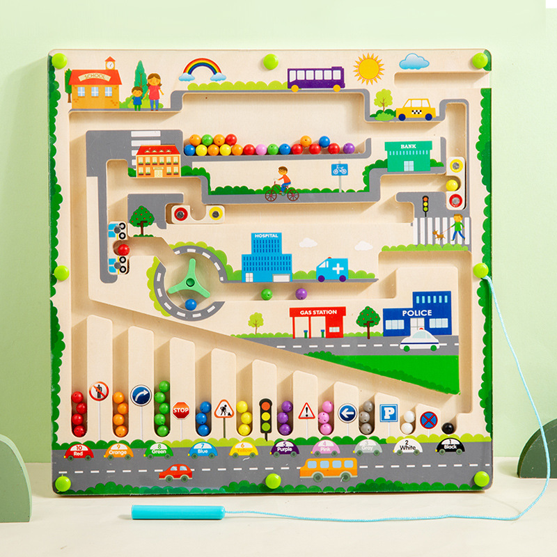 Educational Pen-moving Bead Maze Children's Early Learning Color Classification Numbers Traffic Magnetic Maze Tabletop Toy