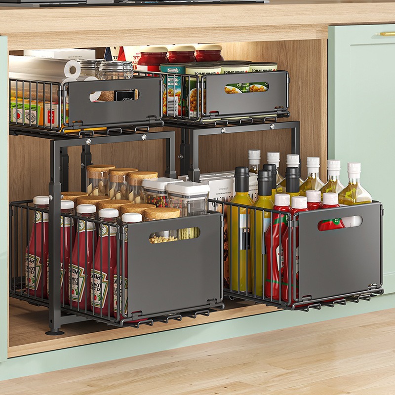 Pull-out basket cabinet sink storage rack seasoning rack retractable multifunctional drawer storage basket