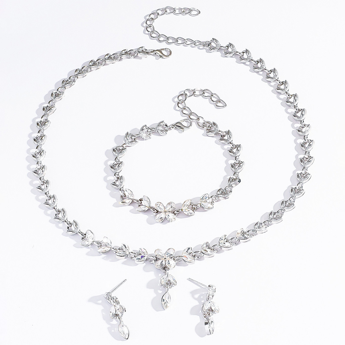 Simple Women Earrings Necklace Super Shiny Rhinestone Set Wedding Evening Banquet Accessories