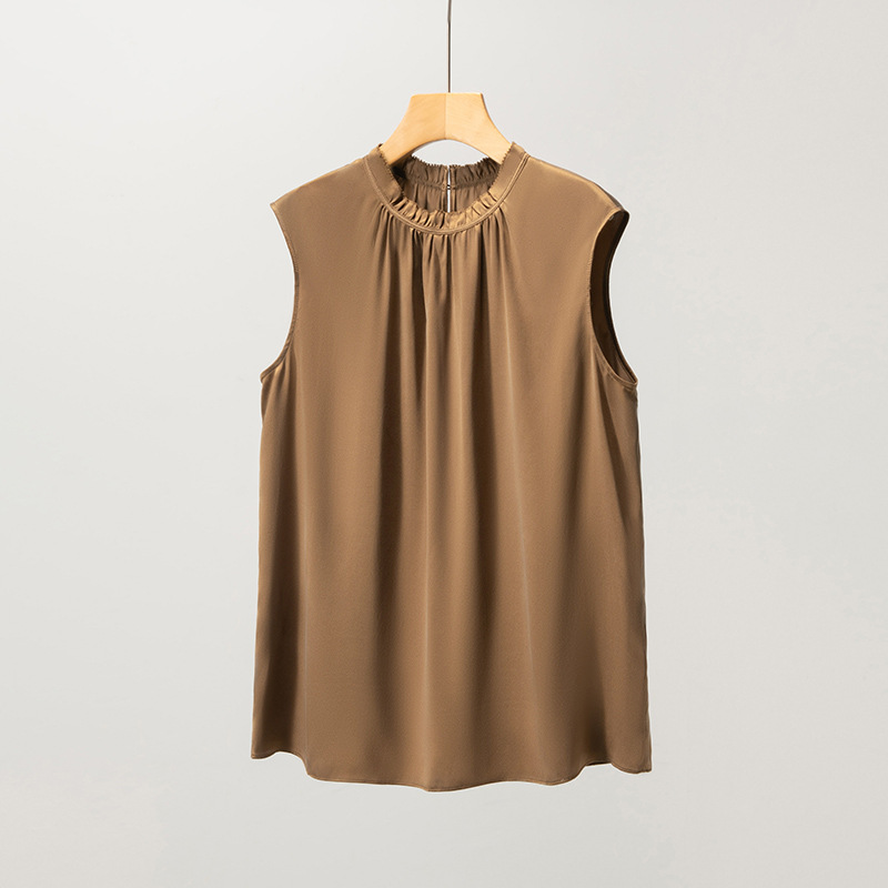 New Satin Mulberry Silk T-Shirt for Women Summer Commute Ruffled Sleeveless Vest Top Mid-Length