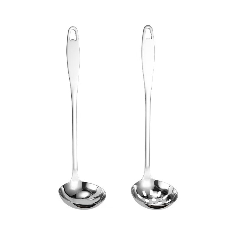 304 stainless steel flat handle soup spoon, strainer spoon, soup spoon, thickened long handle spoon set, household kitchen exquisite hot pot spoon