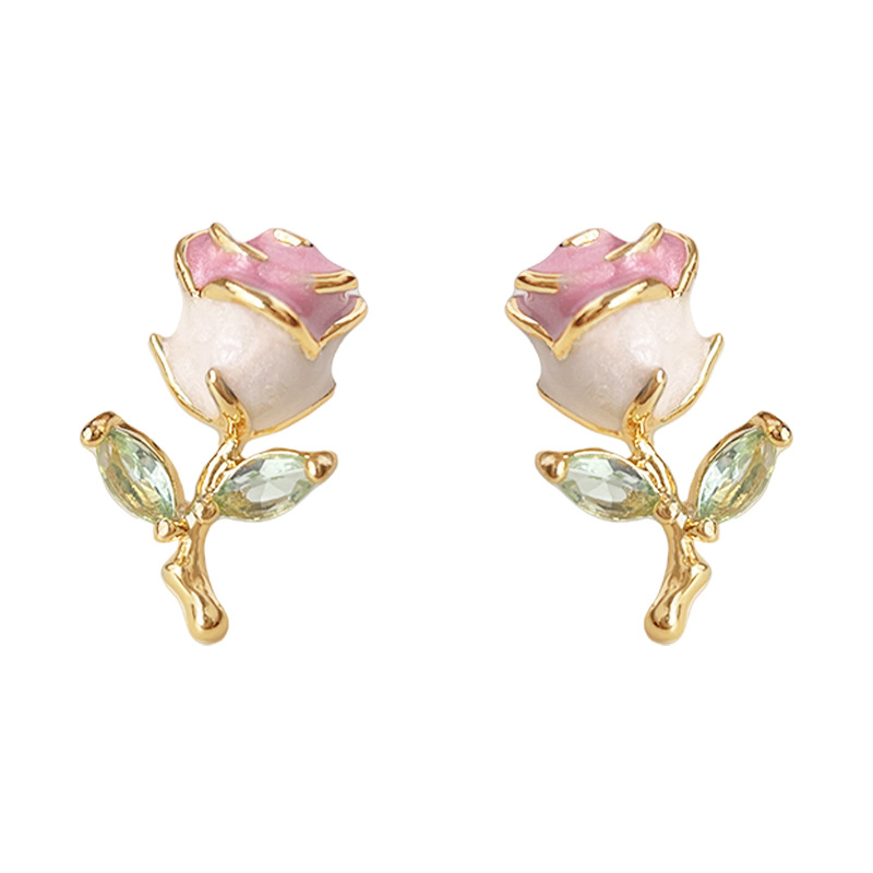 Super sweet~Little fresh silver-plated needle enamel drip glaze texture micro-set zircon small rose earrings