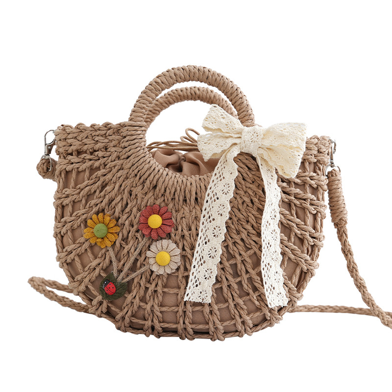 Custom Crossbody Straw Bag Ribbon Hollow Out Lining Simple Woven Bag Sunflower Handbag Daily Bag