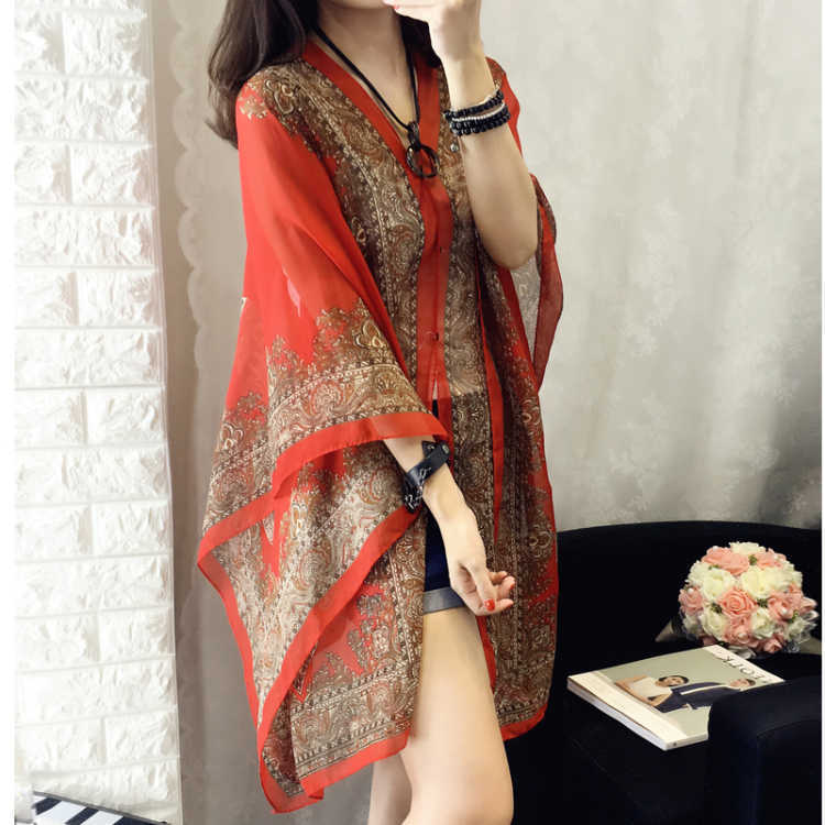 Sanya Beach Cape Shawl Sun Protection Clothing Women Summer Thin Off-Shoulder Chiffon Shirt Print Outerwear Shawl